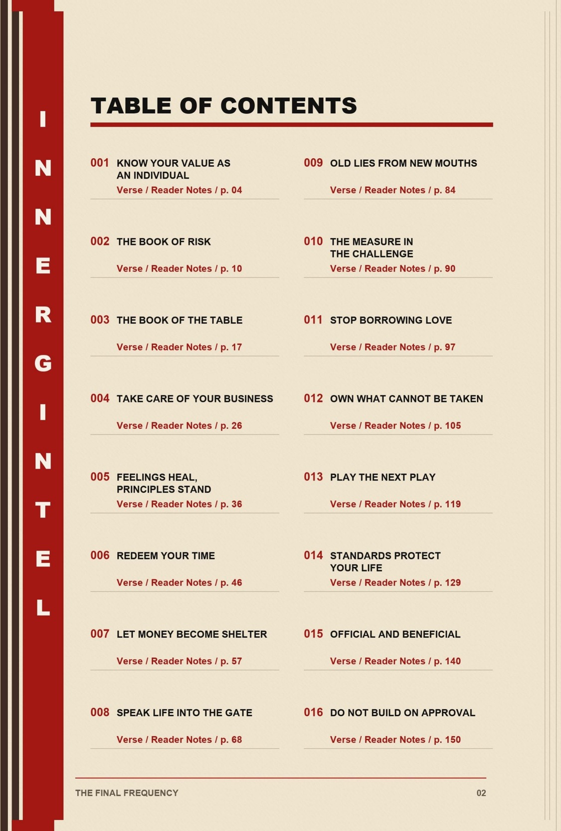 Table of contents listing all sixteen verses in Legacy In Ink: The Final Frequency