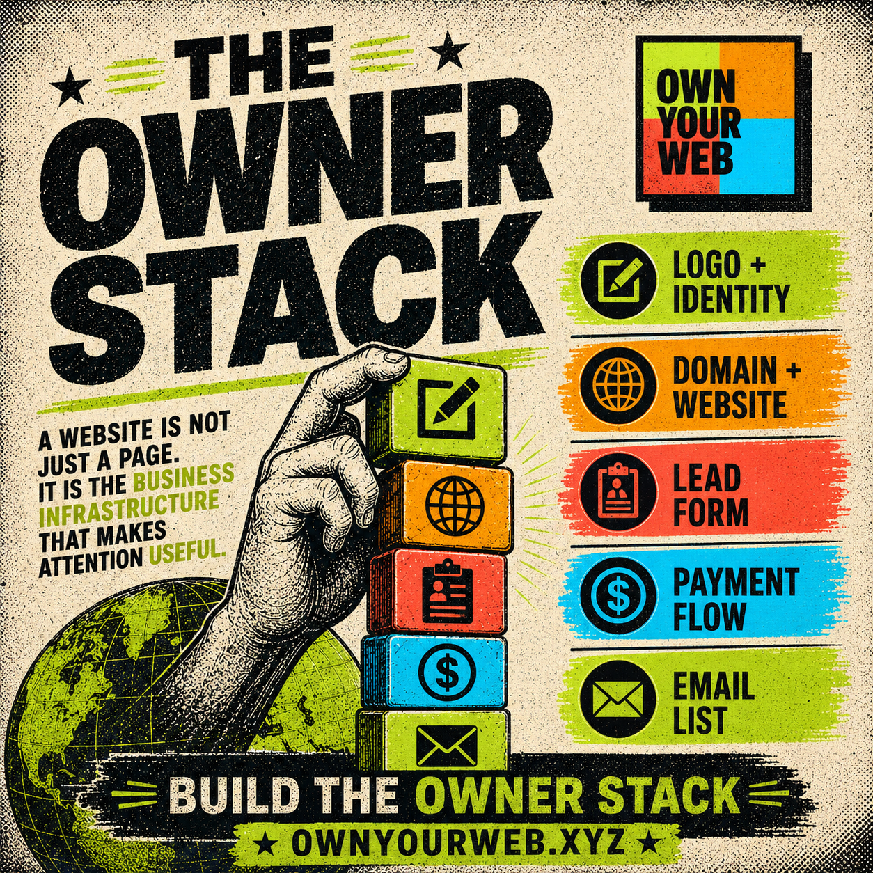 The Owner Stack poster showing logo, domain, lead form, payment flow, and email list blocks.