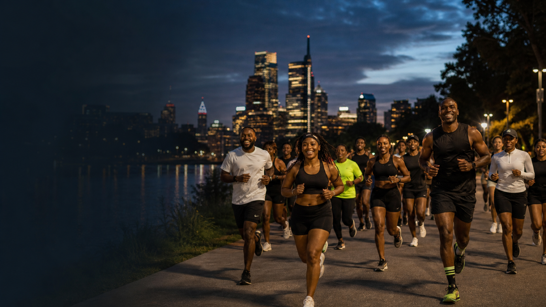 A community run along Philadelphia's river trail at dusk